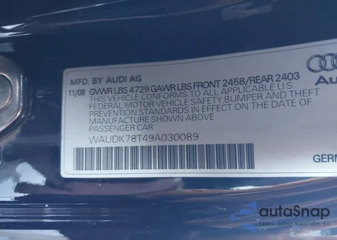 2009 Audi A5 3.2L z USA, uszkodzony, nr VIN WAUDK78T49A030089